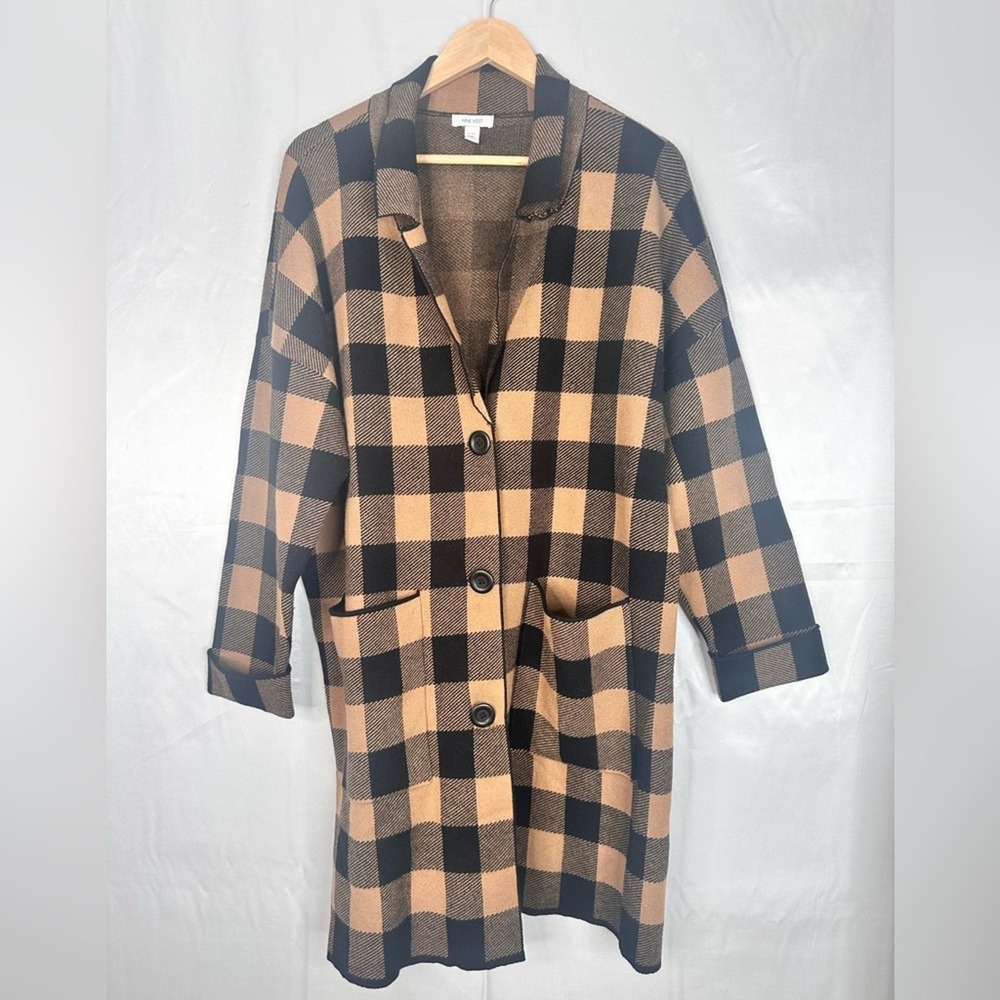 Nine West Petites PXL Buffalo Plaid Cardigan Sweater Brown Black Coatigan